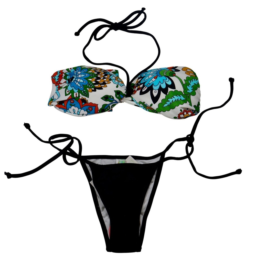 AGUA DOCHE Floral Bikini Halter Bandeau‎ Swimsuit New w/tags Small BOHO Brazil